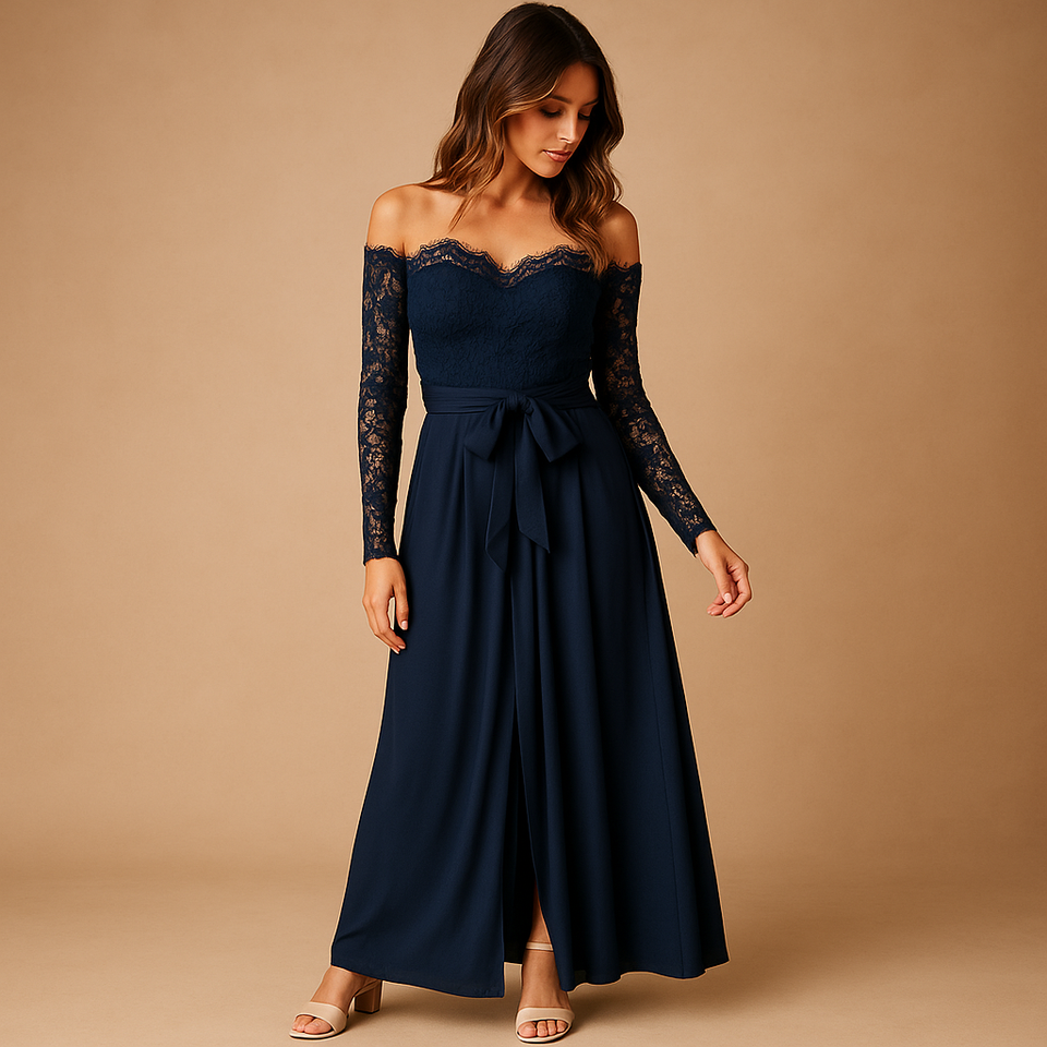 Off-shoulder lace jumpsuit with slit for women.