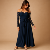 Off-shoulder lace jumpsuit with slit for women.