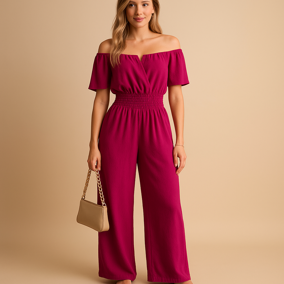 Off-shoulder pleated jumpsuit for women.