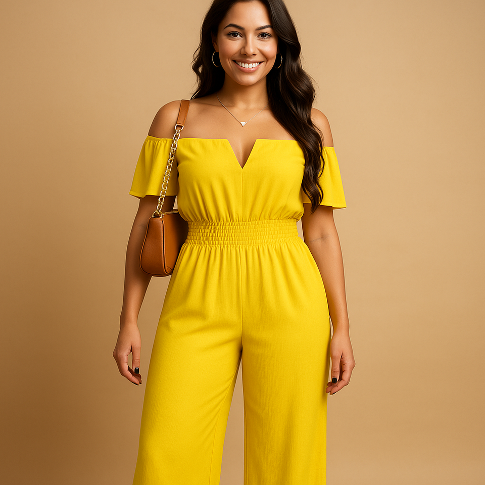 Off-shoulder pleated jumpsuit for women.