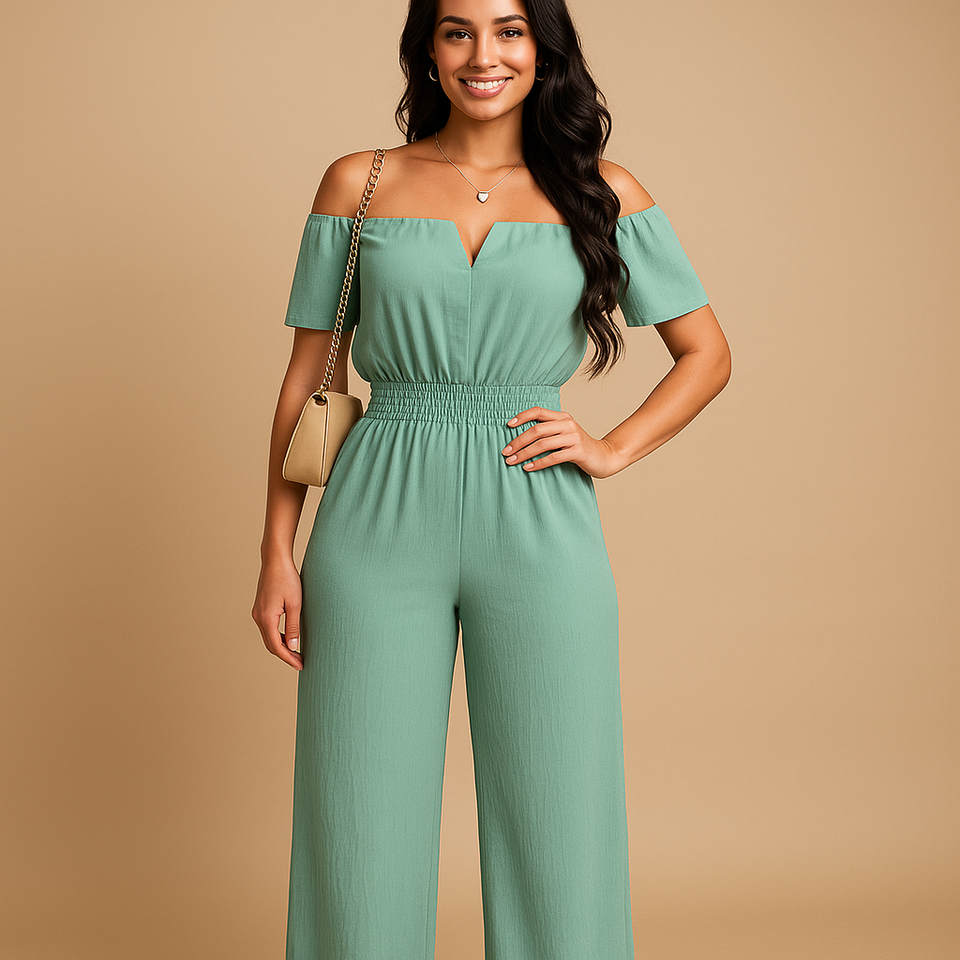 Off-shoulder pleated jumpsuit for women.