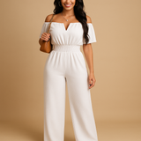 Off-shoulder pleated jumpsuit for women.