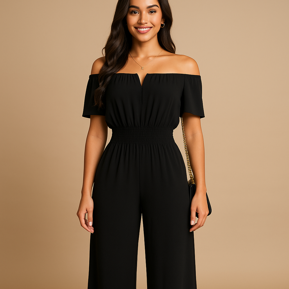 Off-shoulder pleated jumpsuit for women.