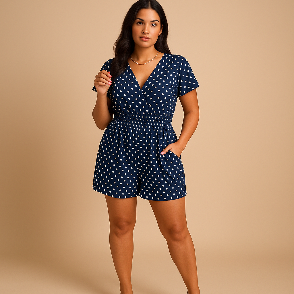 Polka dot jumpsuit with pockets for women.