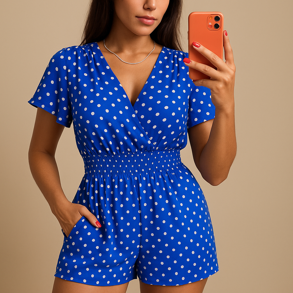 Polka dot jumpsuit with pockets for women.