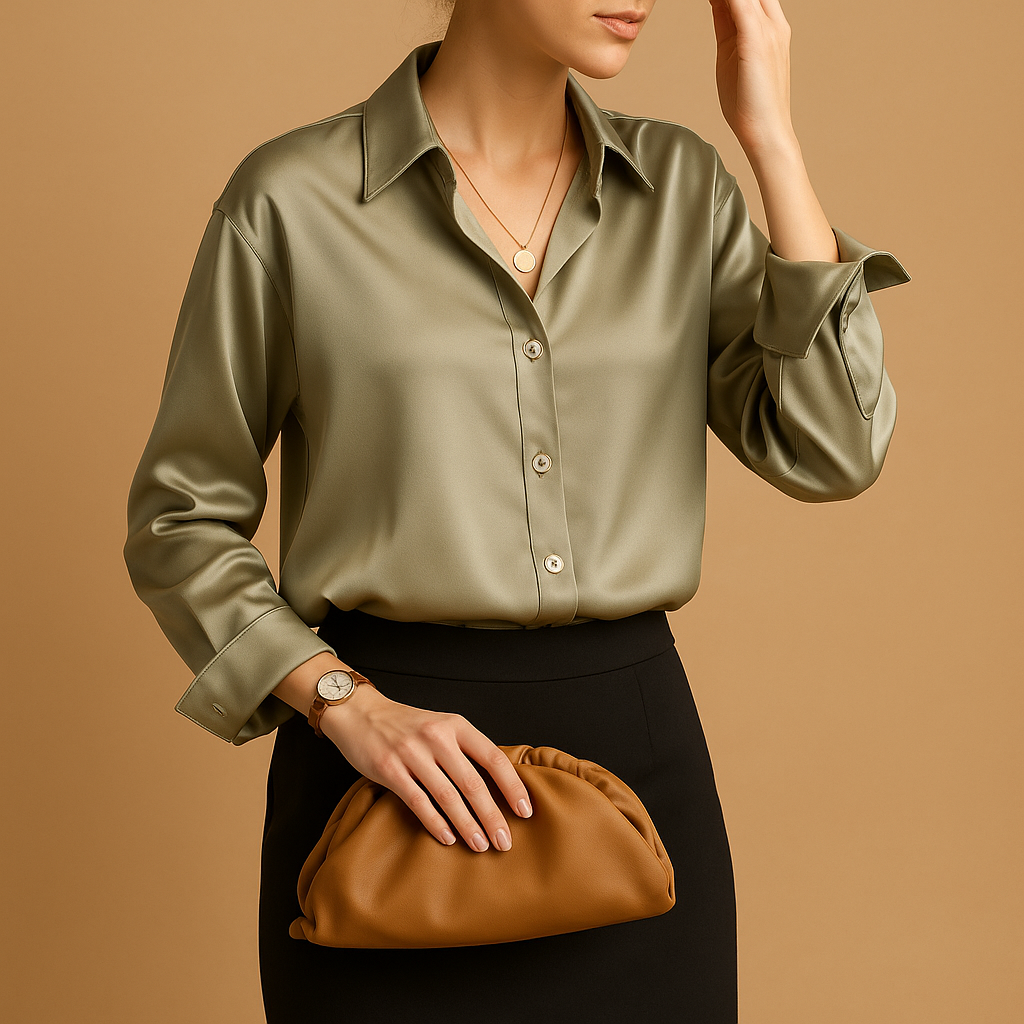 Satin blouse with turned-down collar for women