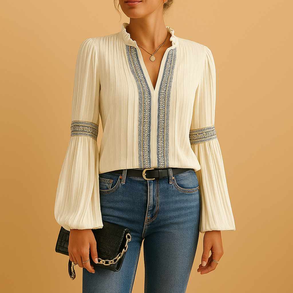 Elegant blouse with lace and lantern sleeves for women