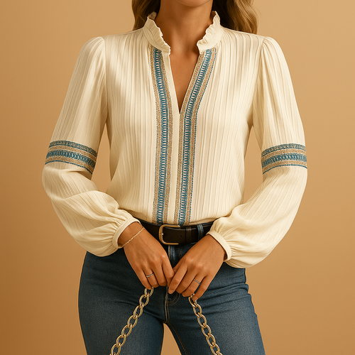 Elegant blouse with lace and lantern sleeves for women