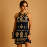 A-line dress with elastic waist and feminine cutout for women.