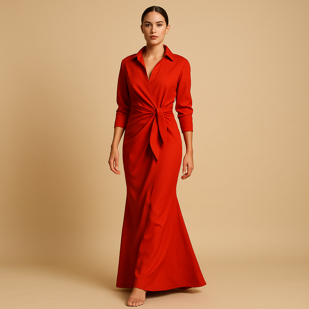 A-line spring dress with V-neck and mid-length sleeves for women.