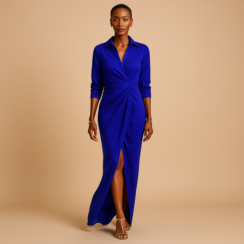 A-line spring dress with V-neck and mid-length sleeves for women.