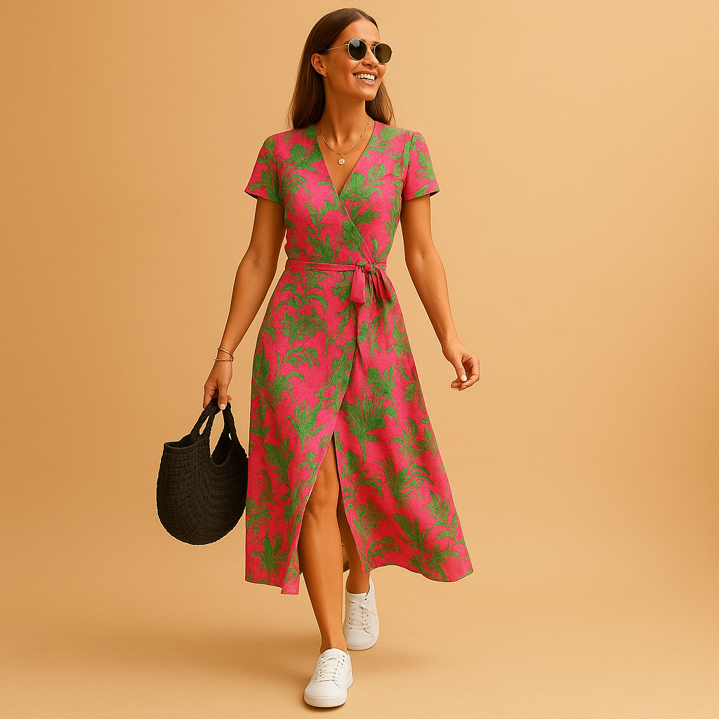 A-line summer dress with puff sleeves and button details for women.
