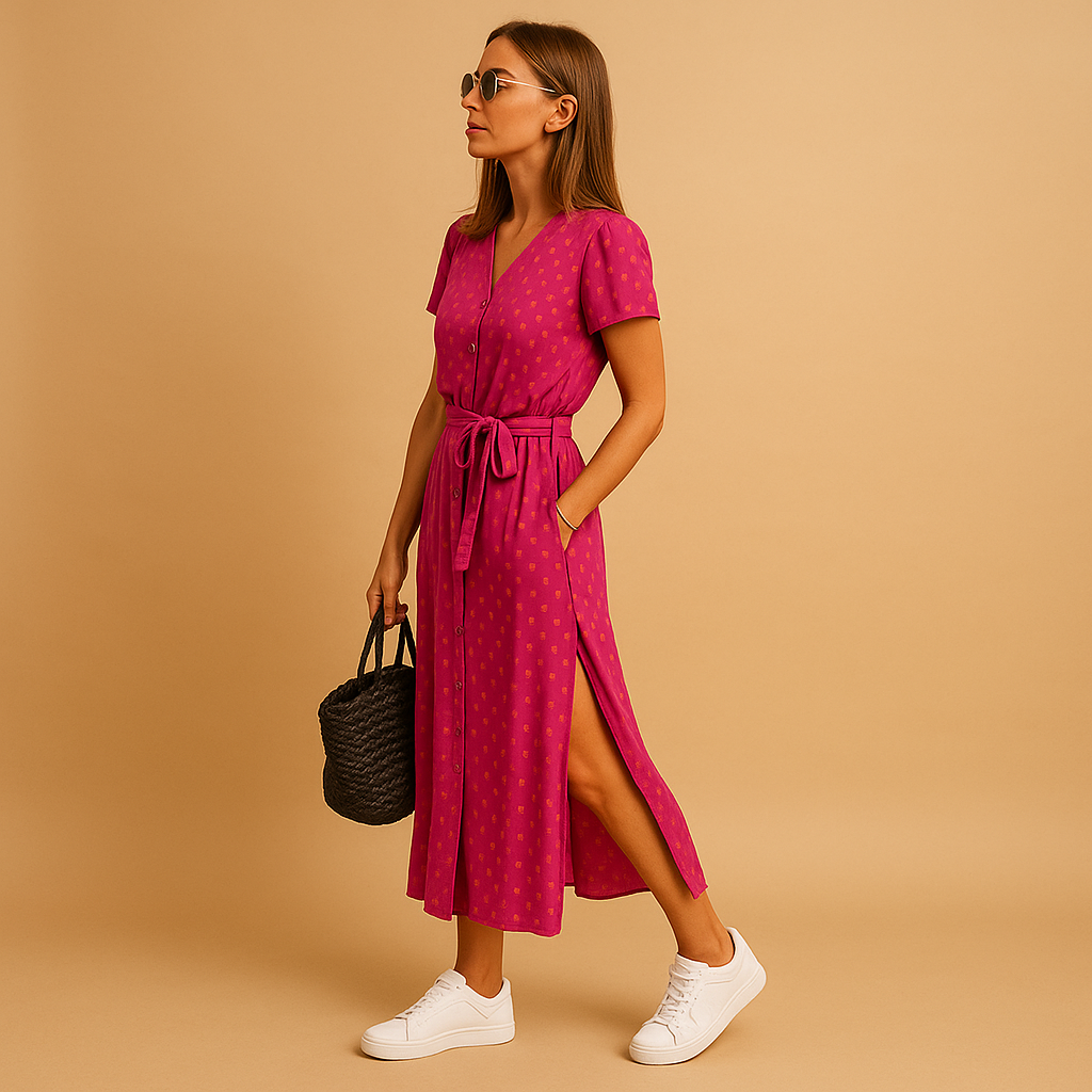 A-line summer dress with puff sleeves and button details for women.