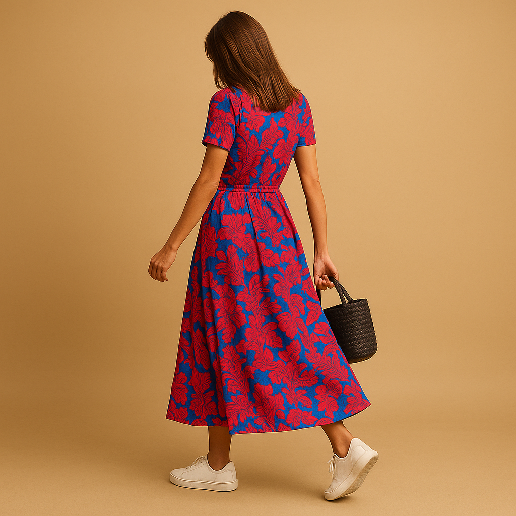 A-line summer dress with puff sleeves and button details for women.
