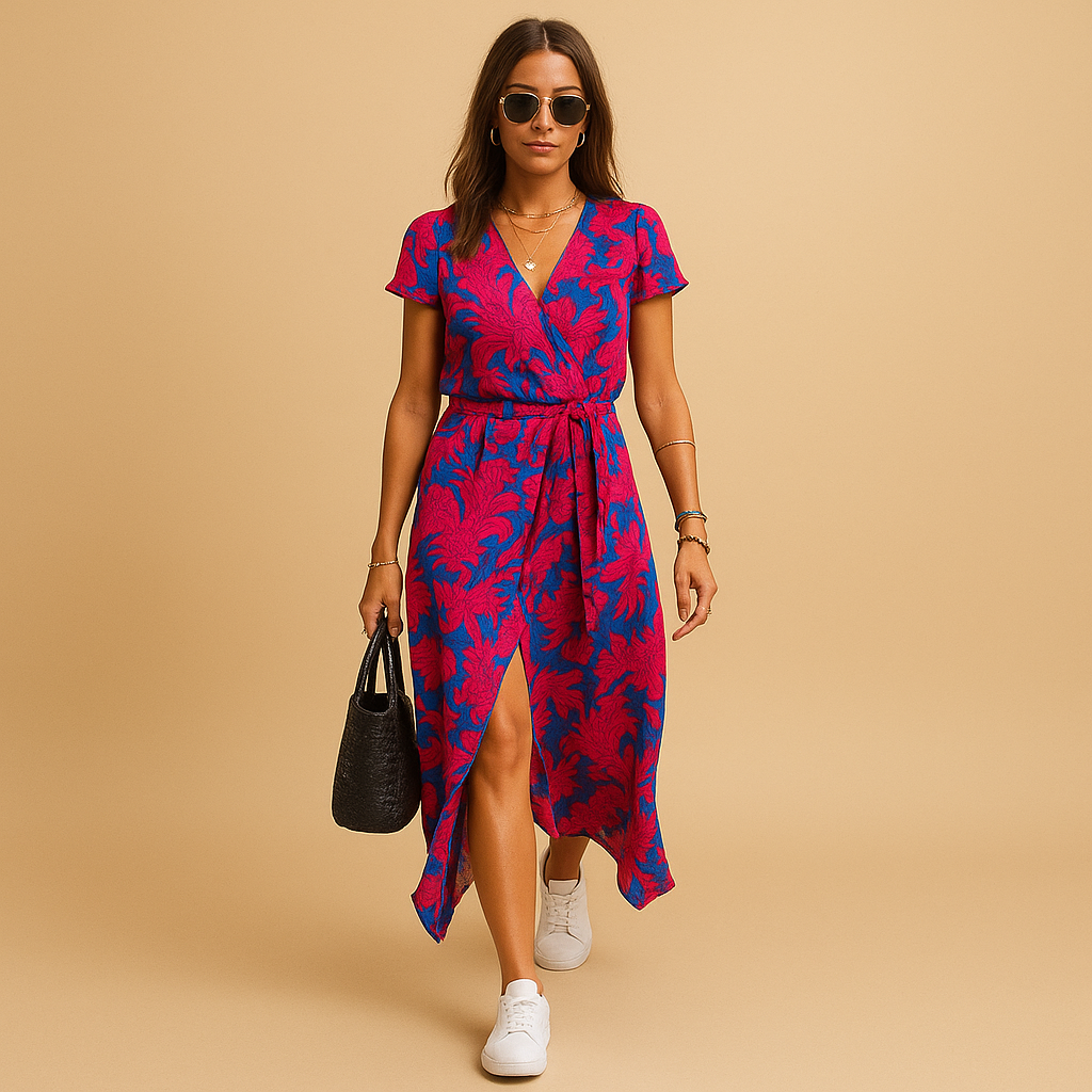 A-line summer dress with puff sleeves and button details for women.