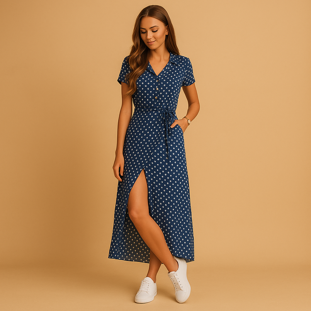 A-line summer dress with puff sleeves and button details for women.
