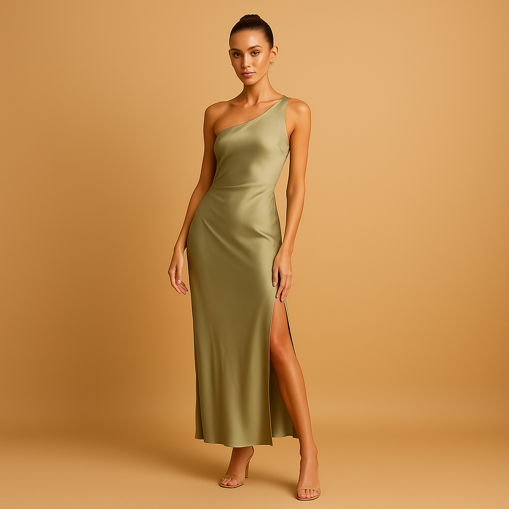 Asymmetrical evening dress with slit for women.