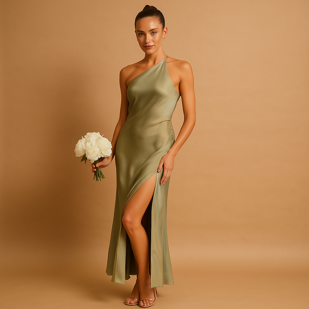 Asymmetrical evening dress with slit for women.