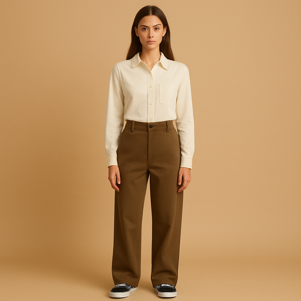 Asymmetrical baggy pants with double button closure for women