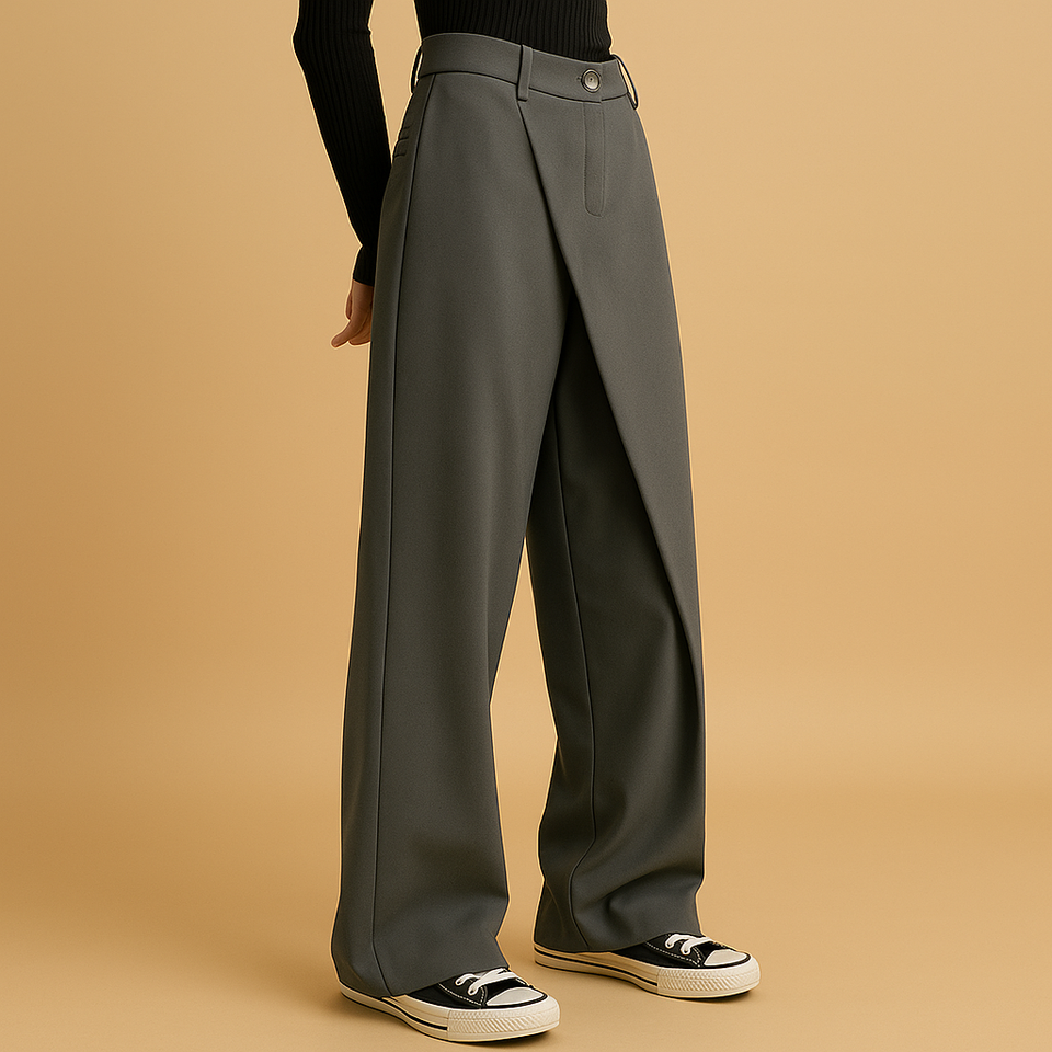 Asymmetrical baggy pants with double button closure for women