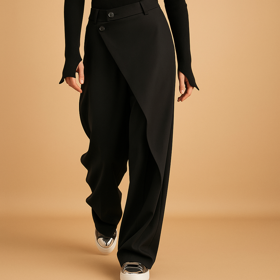 Asymmetrical baggy pants with double button closure for women
