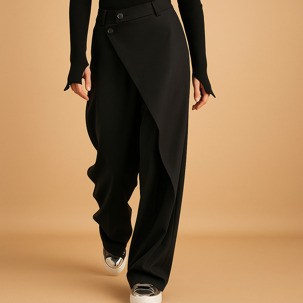 Asymmetrical baggy pants with double button closure for women
