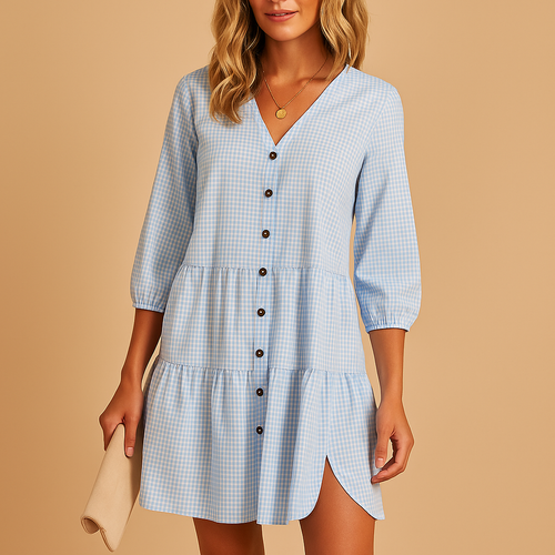 Stylish blue midi summer dress with three-quarter sleeves for women.