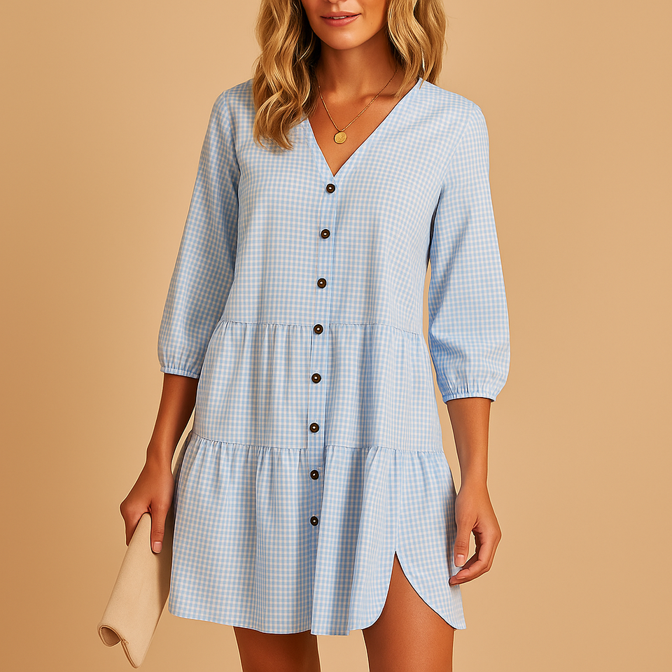 Stylish blue midi summer dress with three-quarter sleeves for women.