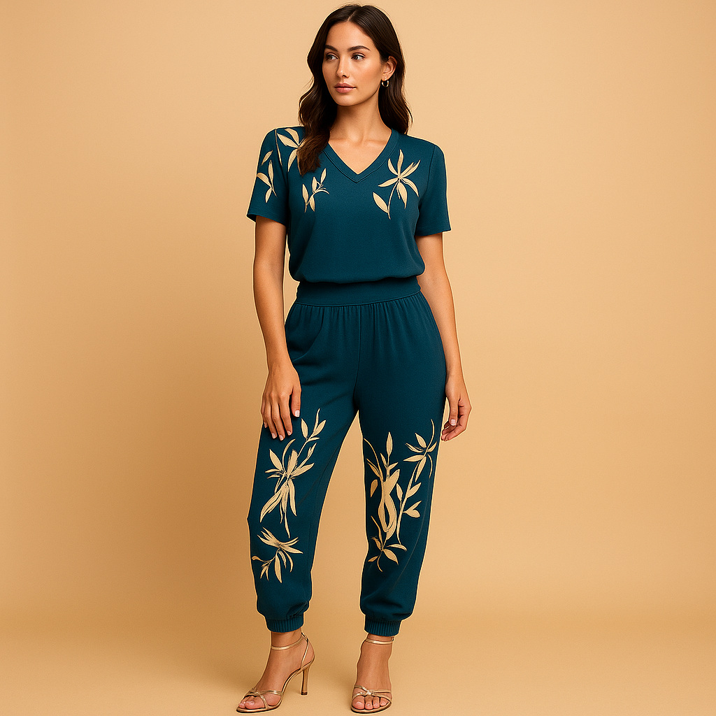 Floral women's set with top and pants.