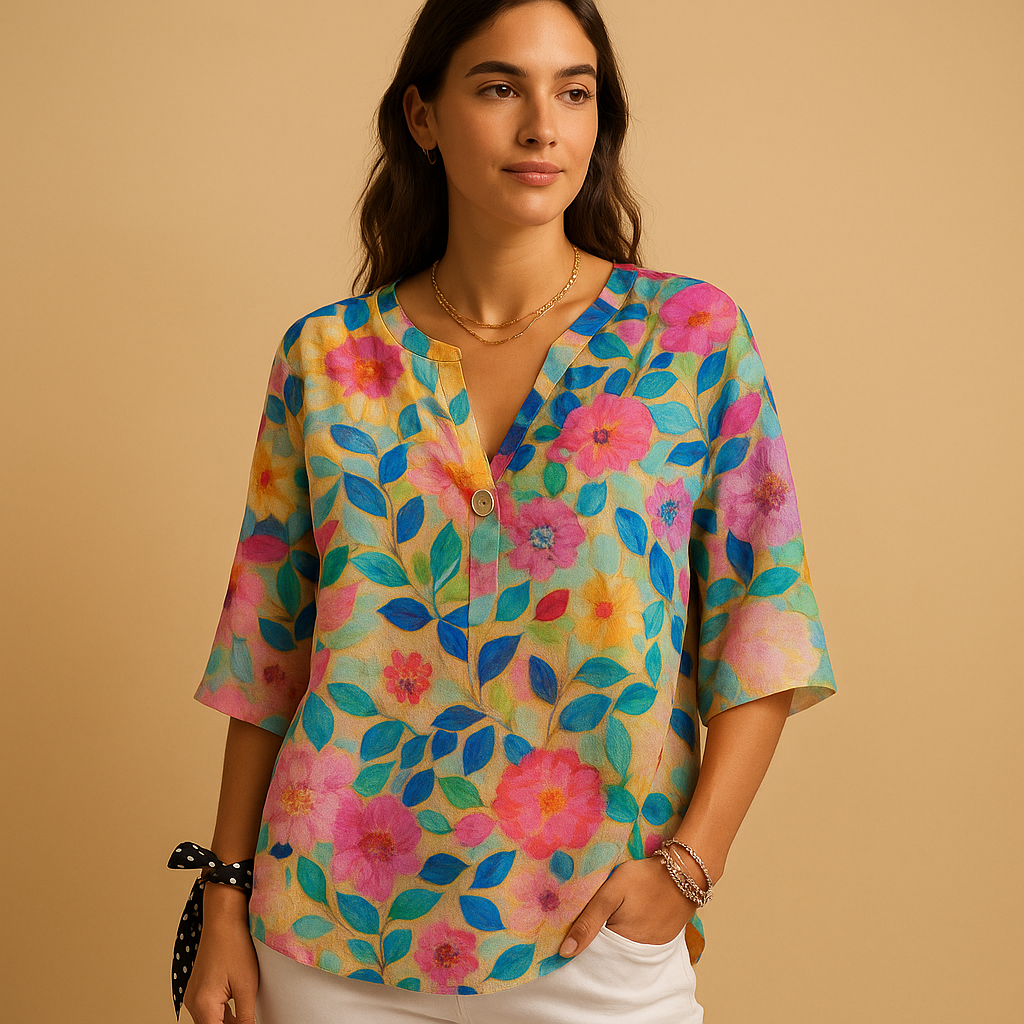 Floral blouse with button closure and classic collar for women