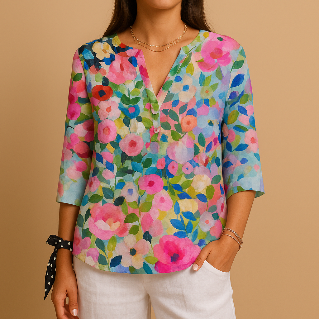 Floral blouse with button closure and classic collar for women