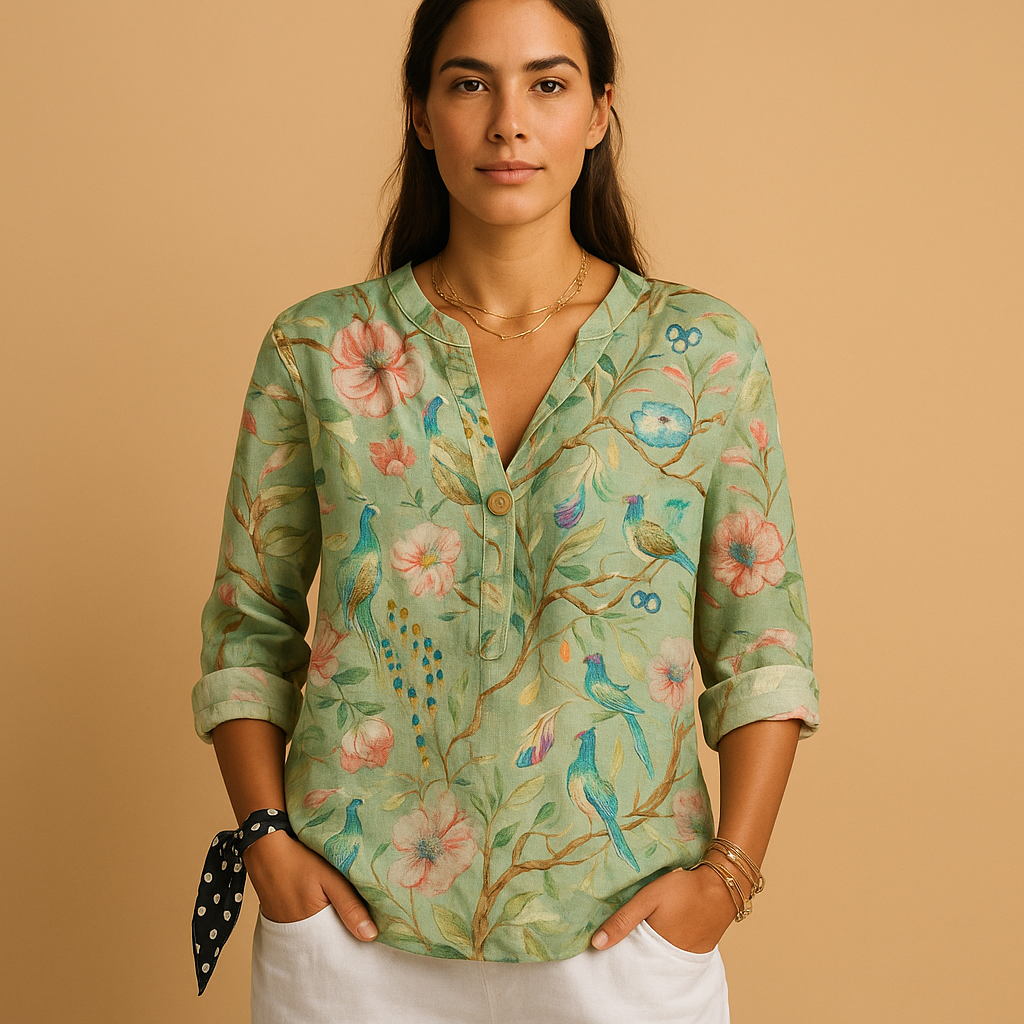 Floral blouse with button closure and classic collar for women