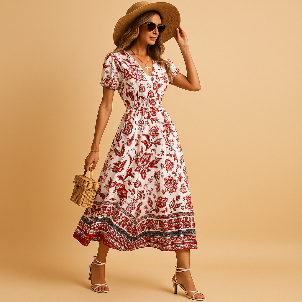 Floral dress with V-neck and short sleeves for women.
