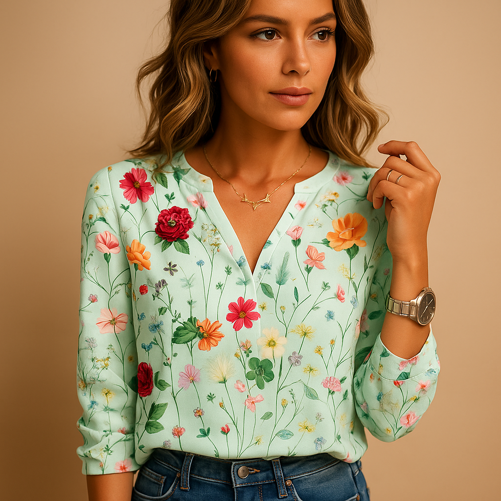 Floral print blouse with V-neck and long sleeves for women