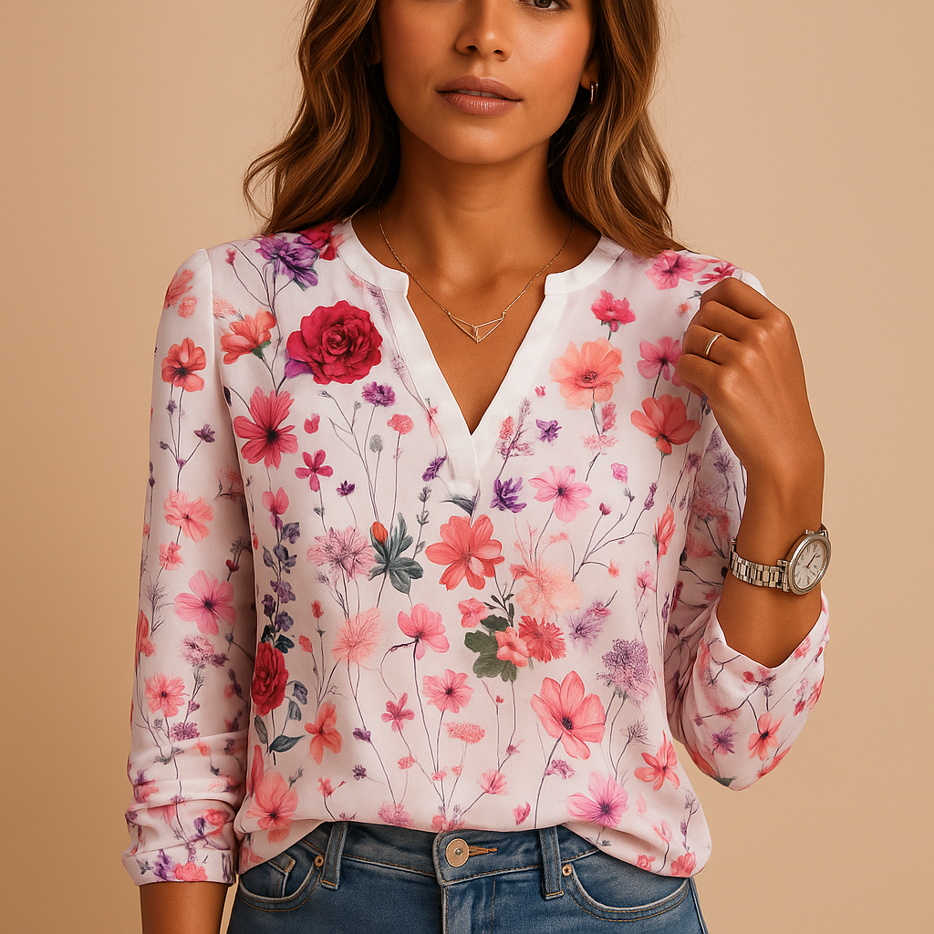 Floral print blouse with V-neck and long sleeves for women