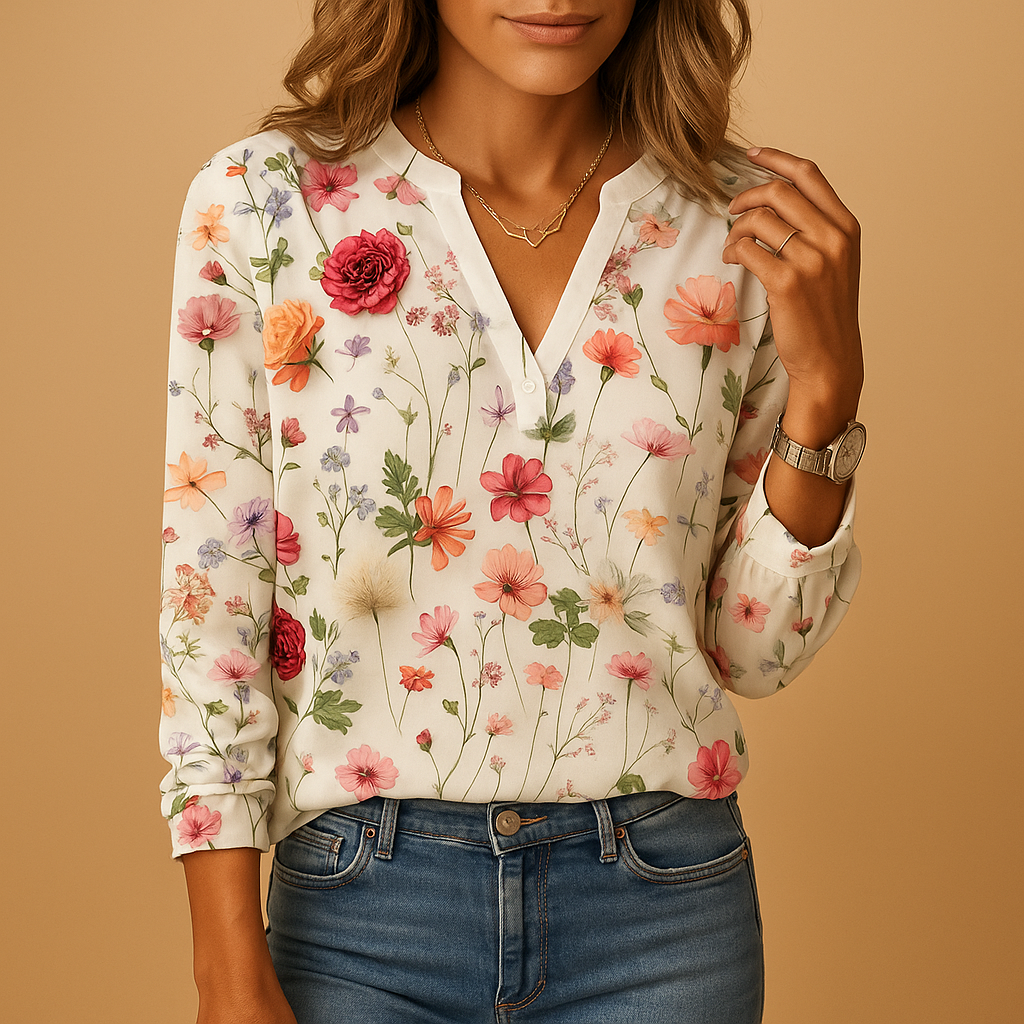 Floral print blouse with V-neck and long sleeves for women