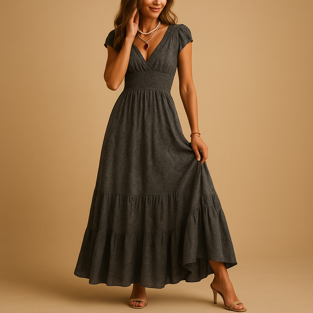 Floral print maxi dress with ruffled collar for women.
