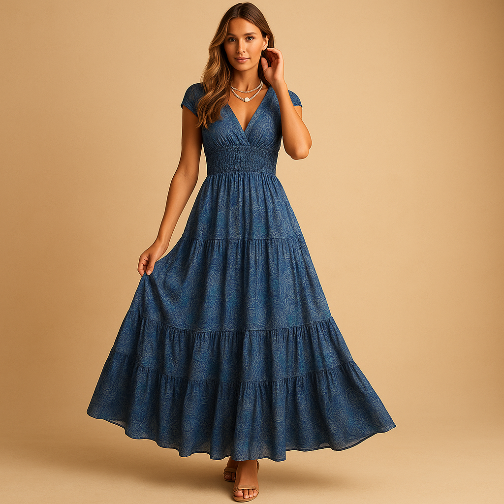 Floral print maxi dress with ruffled collar for women.