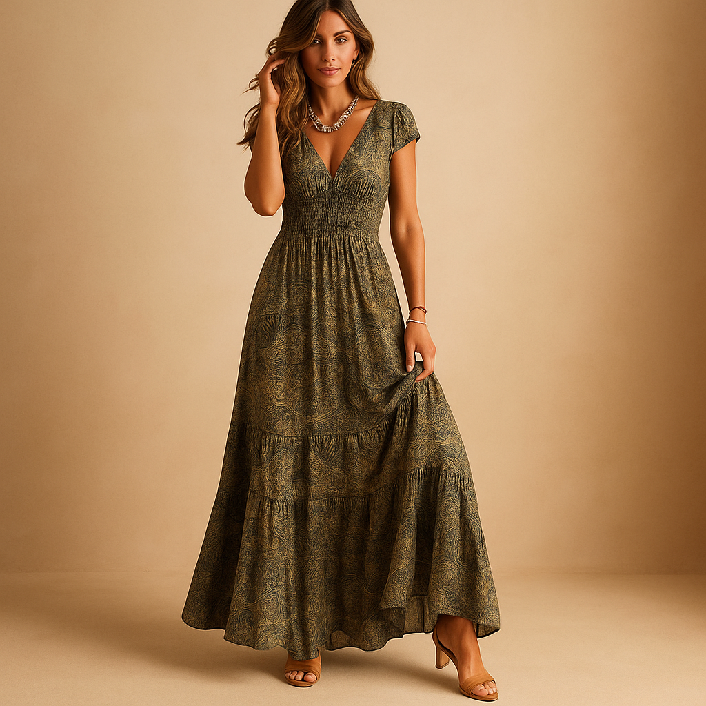 Floral print maxi dress with ruffled collar for women.