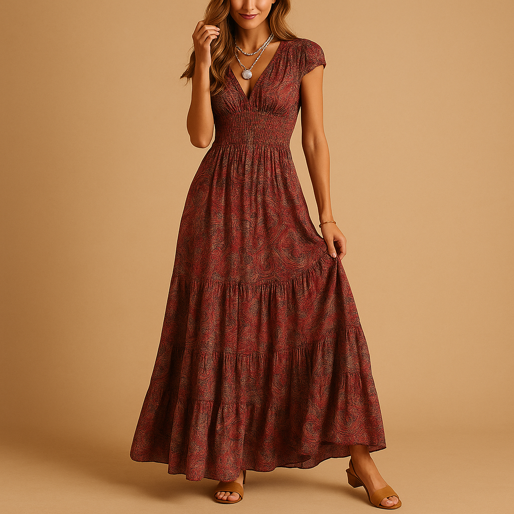 Floral print maxi dress with ruffled collar for women.