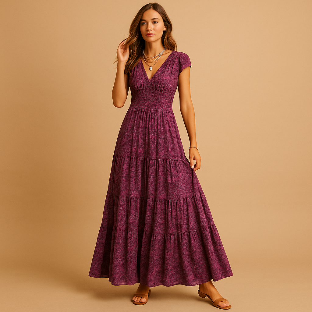 Floral print maxi dress with ruffled collar for women.
