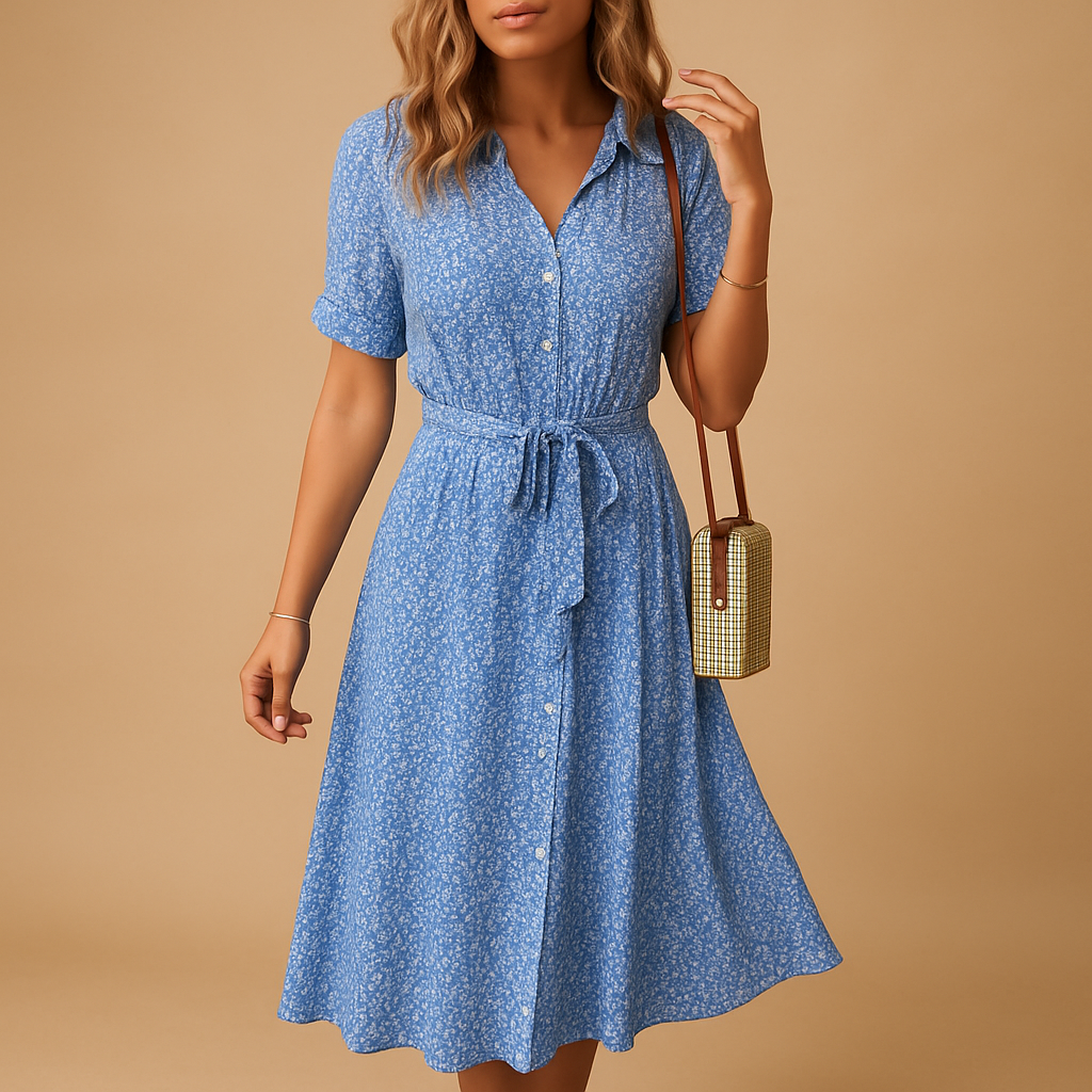 Floral print midi dress with short sleeves for women.