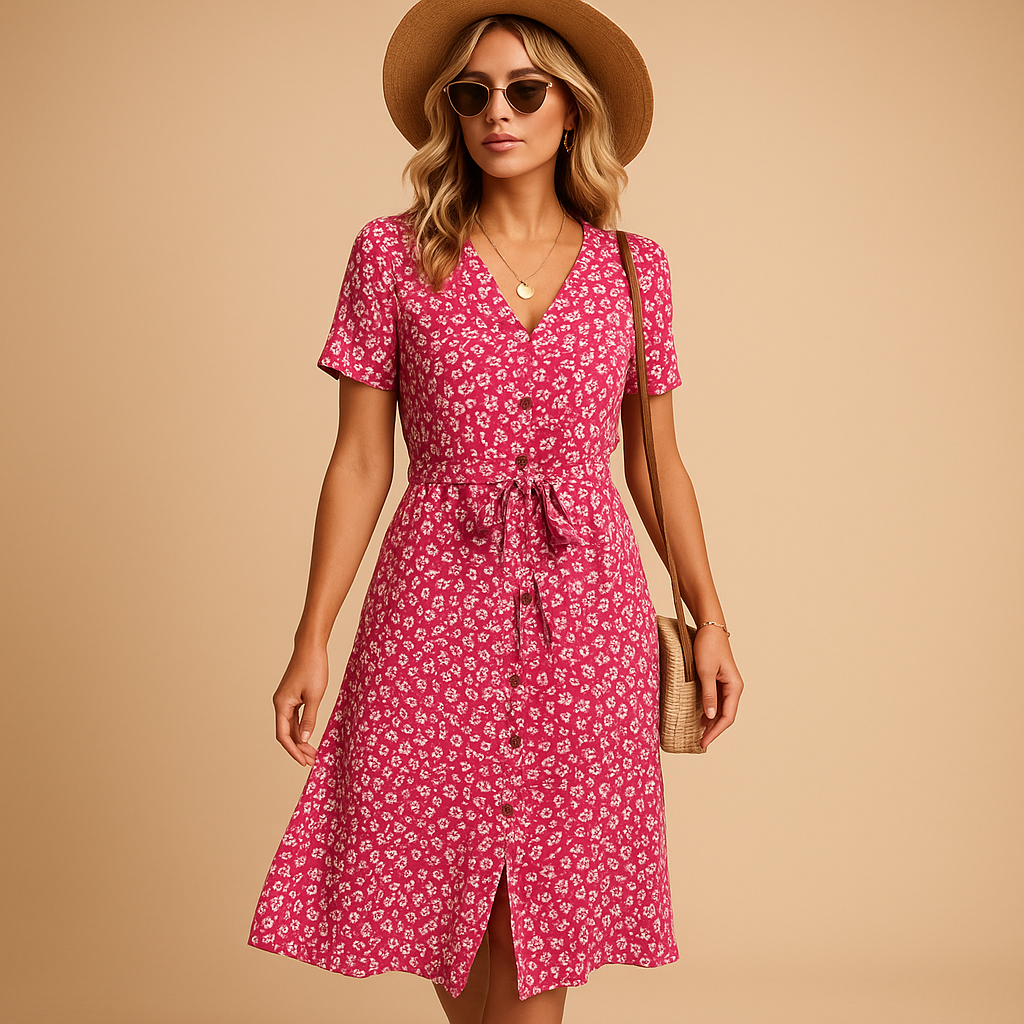 Floral print midi dress with short sleeves for women.