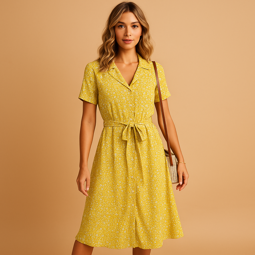 Floral print midi dress with short sleeves for women.
