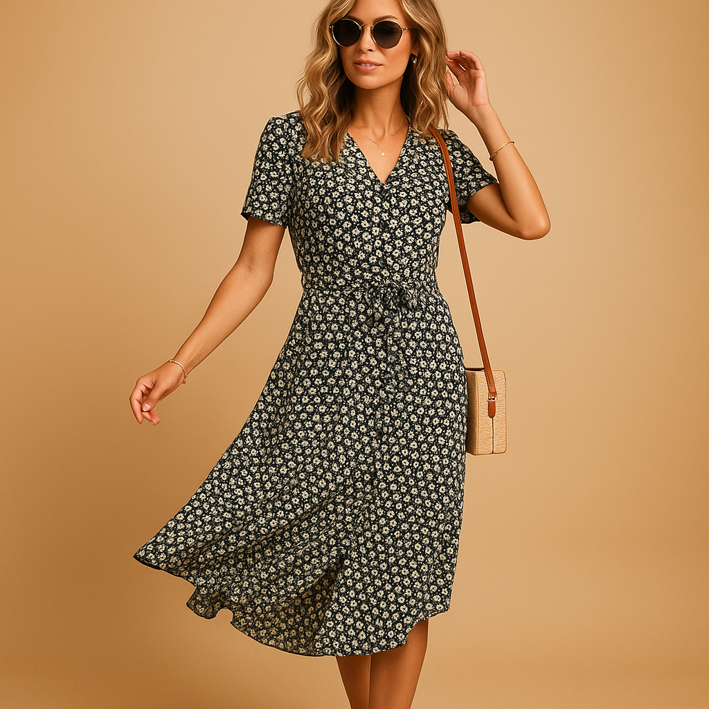 Floral print midi dress with short sleeves for women.