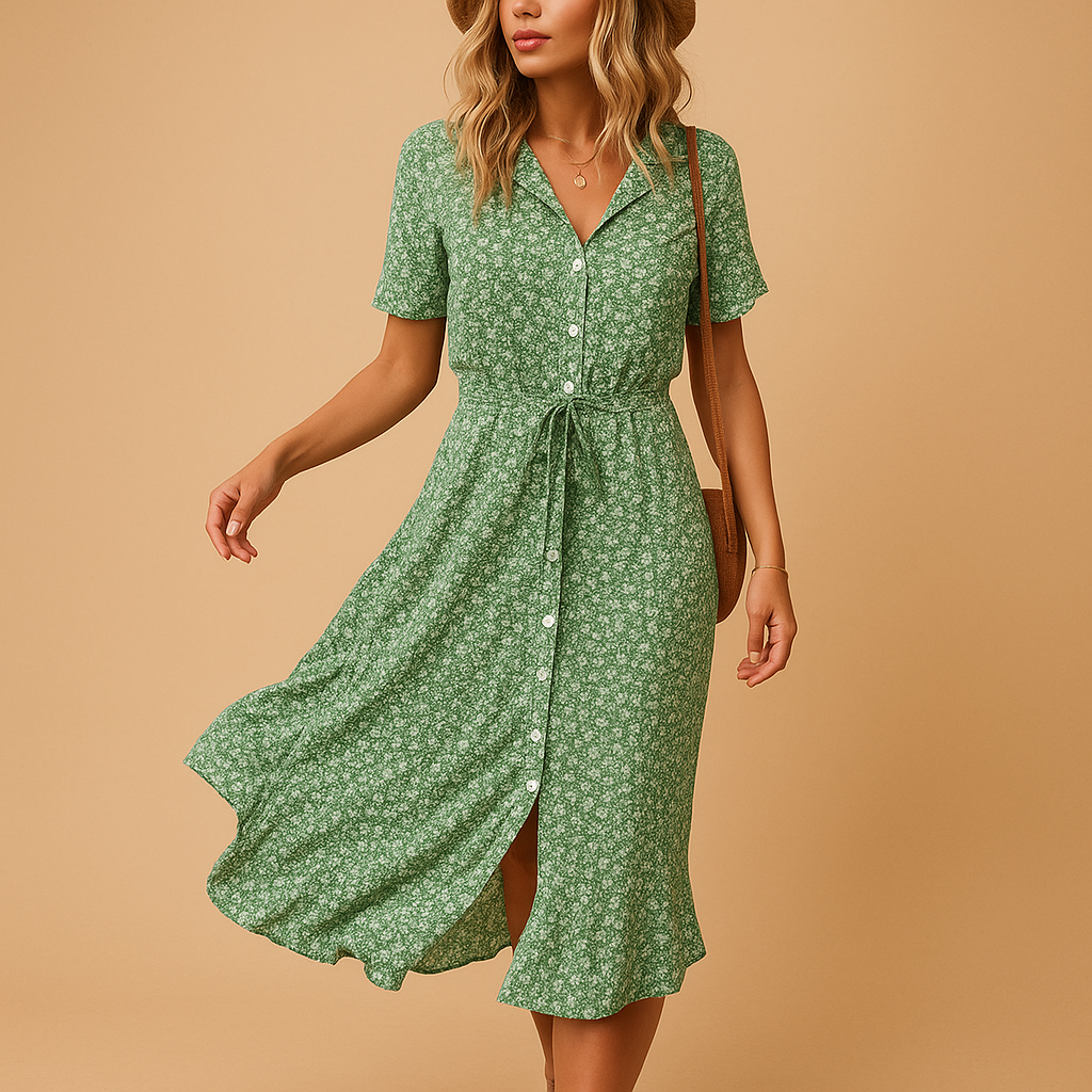 Floral print midi dress with short sleeves for women.
