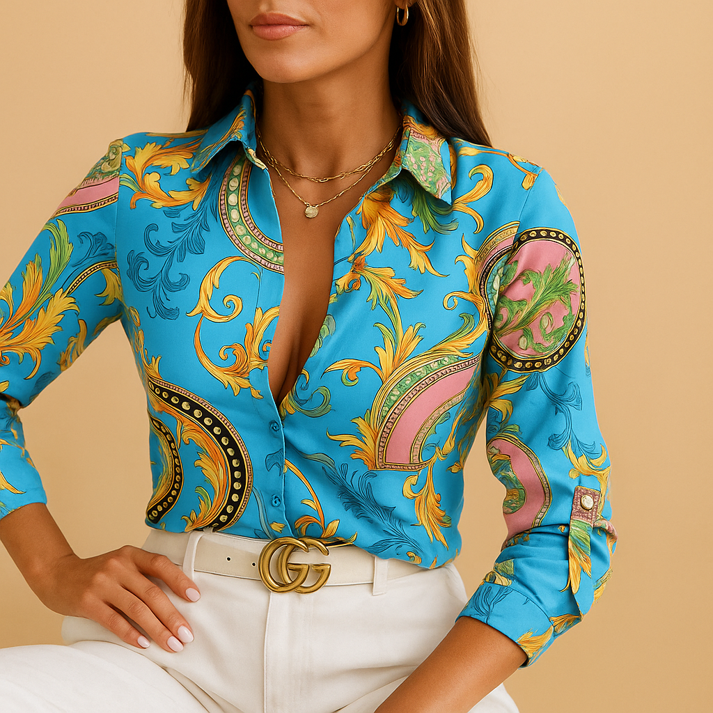 Women's wrap-neck blouse with print