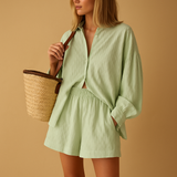 Lightweight blouse and shorts set for women.