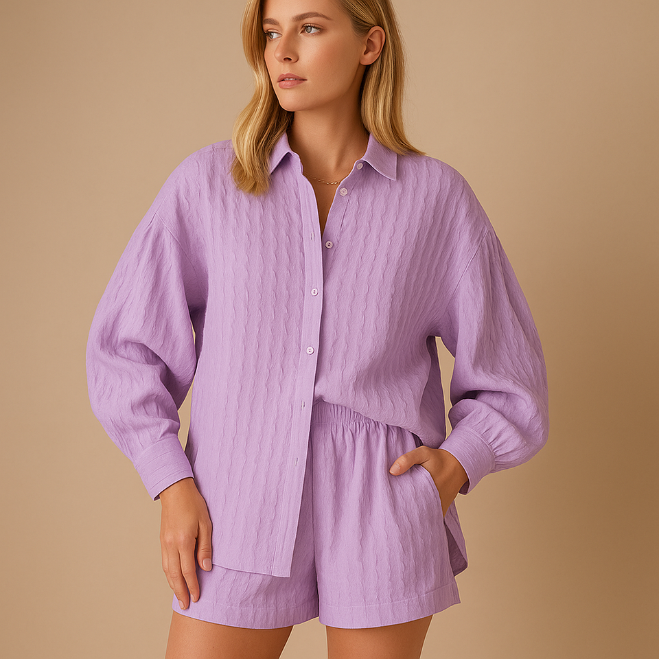 Lightweight blouse and shorts set for women.