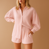 Lightweight blouse and shorts set for women.
